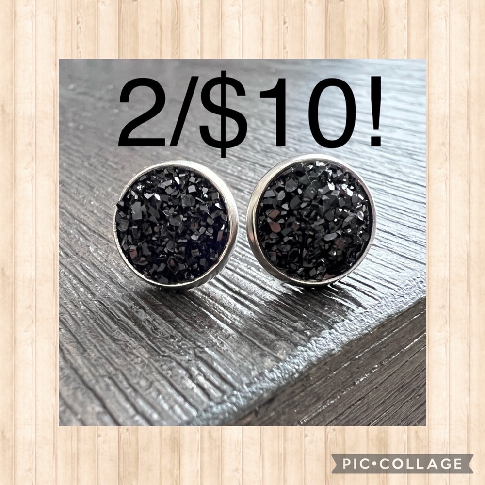 Faux Druzy Stud Earrings 10mm, black, stainless steel backs, BUNDLE & SAVE!